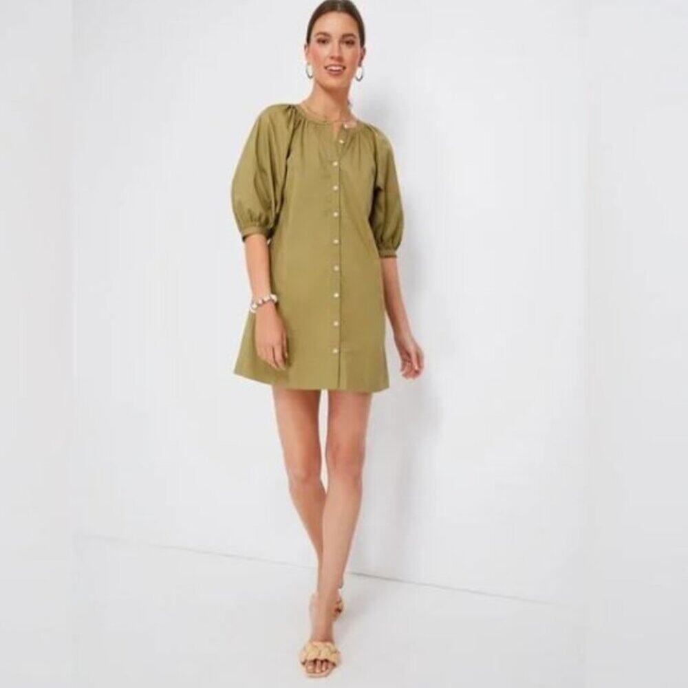 STAUD Mini Vincent Dress Button Front Cotton Khaki Green Sz L